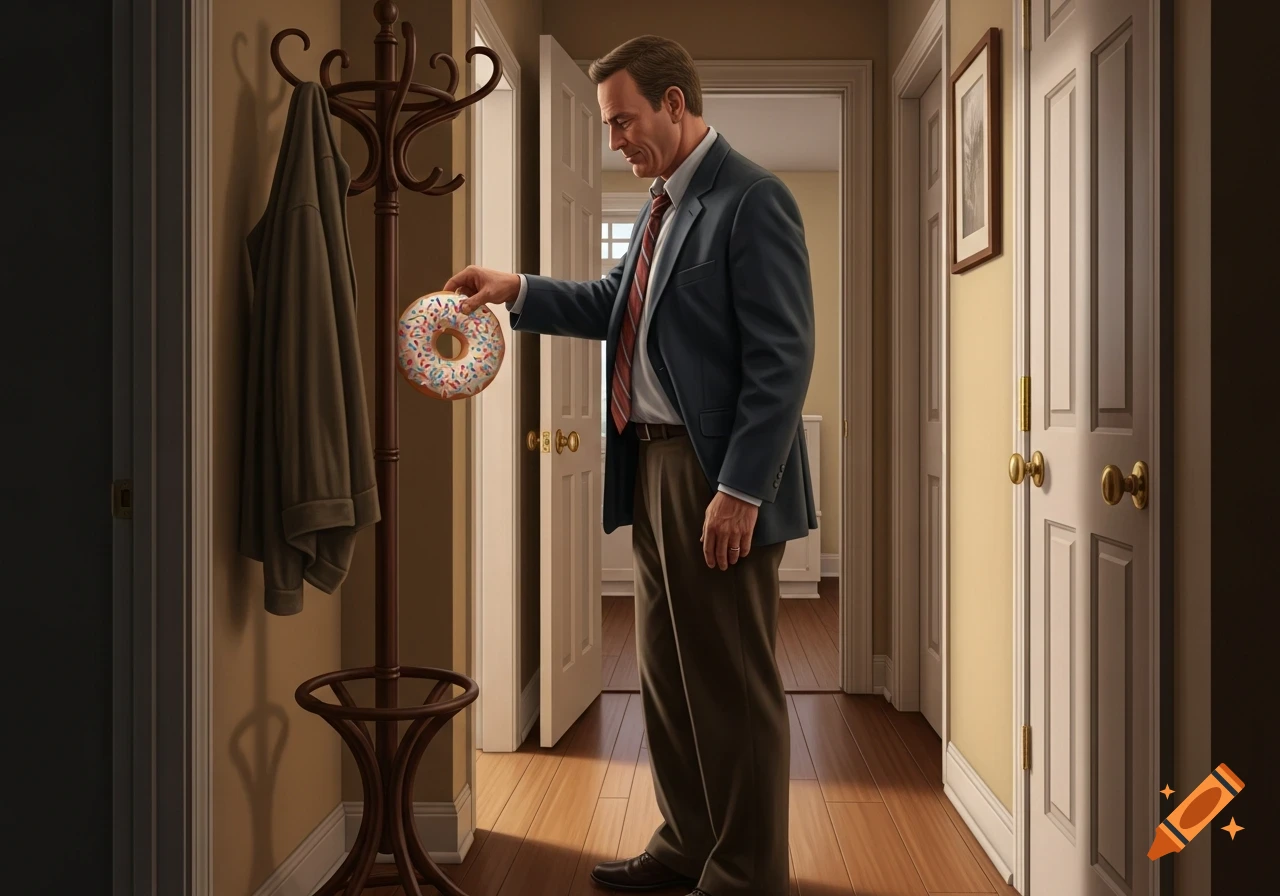 A man in a suit places a donut with colorful sprinkles on a wooden coat rack in a hallway. Photorealistic style.
