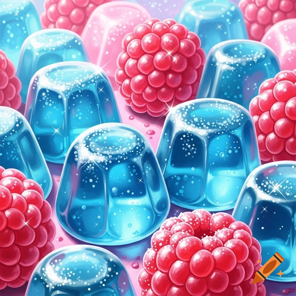 Close-up of bright blue jelly candies and red raspberries with sparkly accents on a pink background.