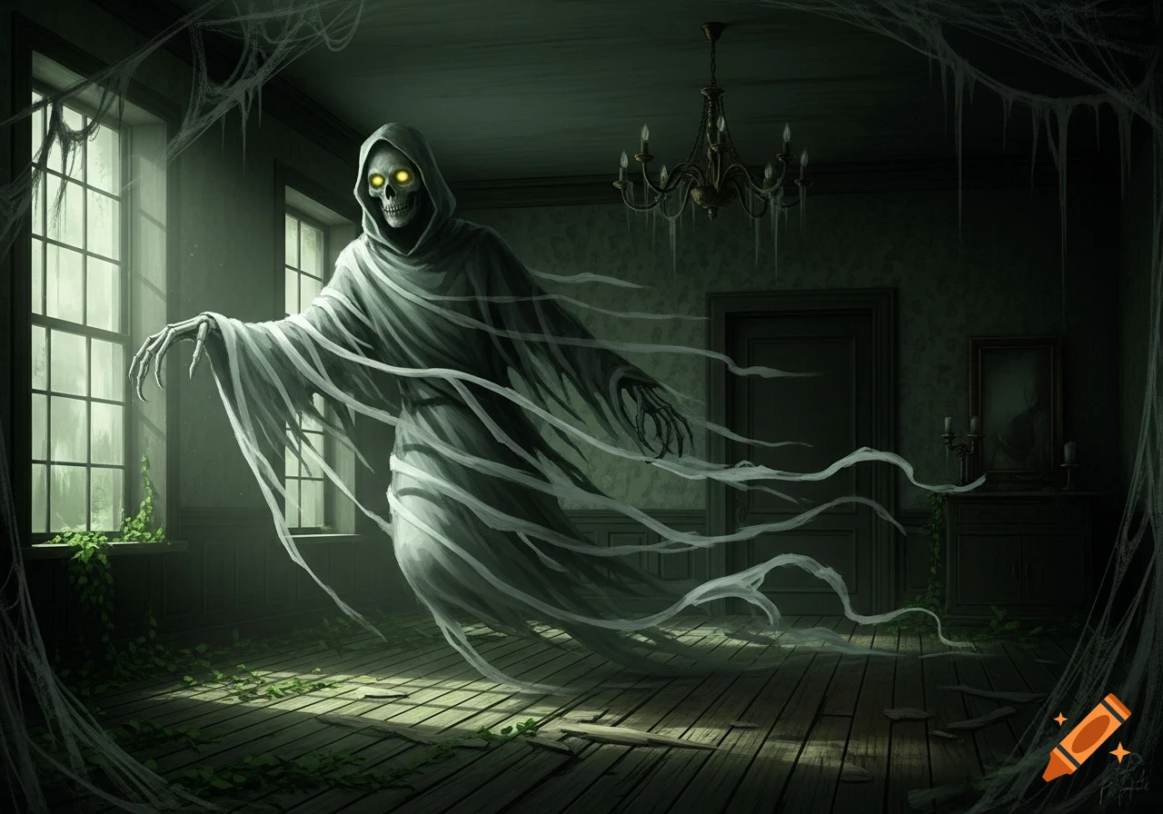A hooded skeletal ghost with glowing yellow eyes floats in a dark, cobweb-filled abandoned room with tall windows.