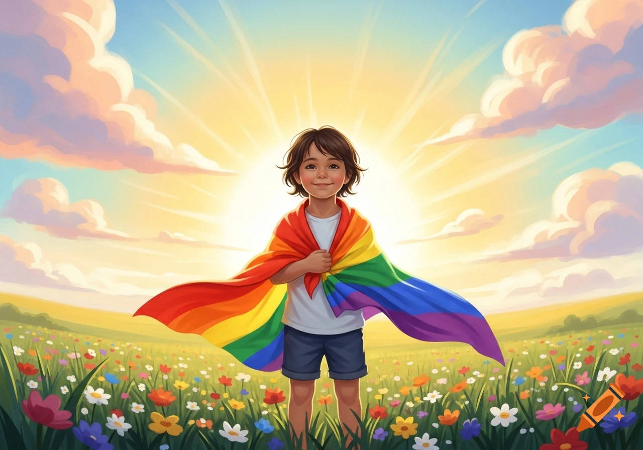 A smiling child stands in a field of colorful flowers, draped in a rainbow flag like a cape, under a bright sun.