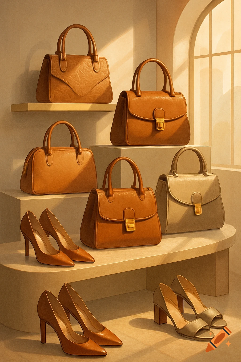 Brown and light grey handbags and high heels displayed on tiered shelves in a sunlit boutique, in a painted style.
