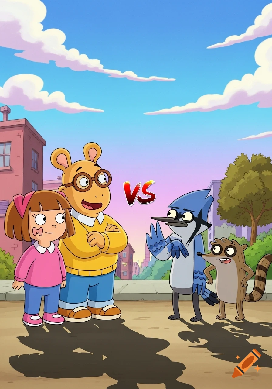 Arthur and DW face off against Mordecai and Rigby in a cartoon style, with 'VS' between them in a city setting.