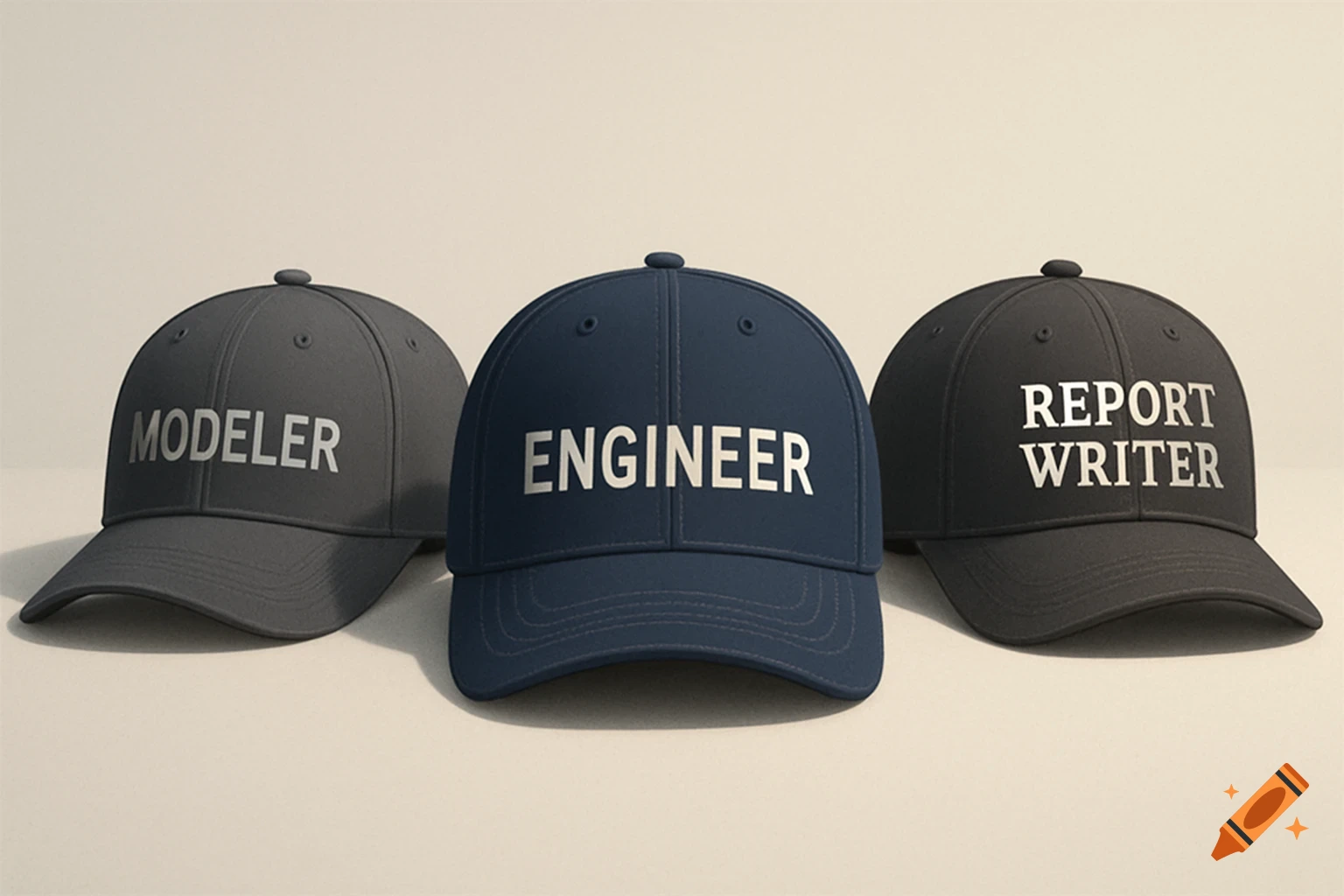 Three baseball caps: a gray 'MODELER' cap, a blue 'ENGINEER' cap, and a black 'REPORT WRITER' cap.