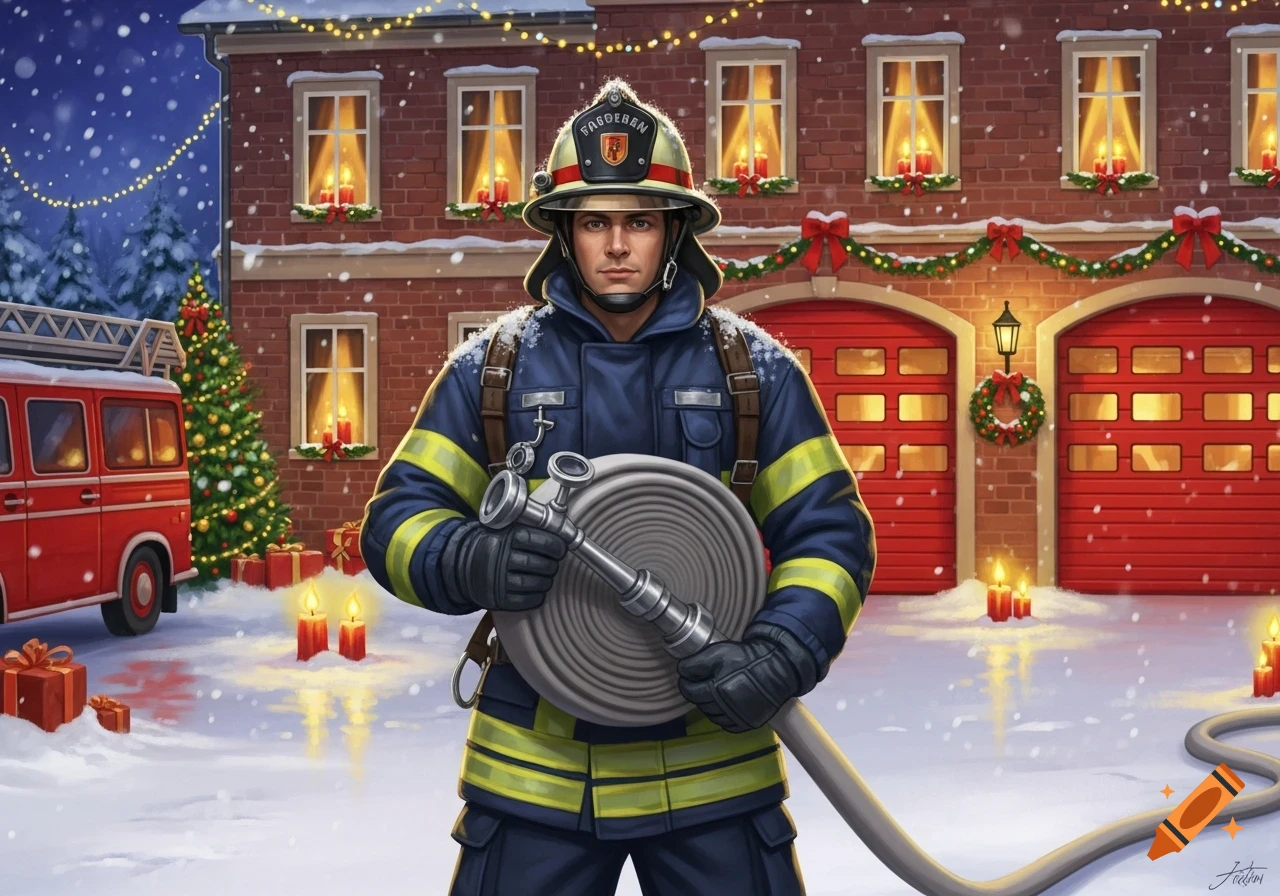 A firefighter in uniform holds a hose, standing in front of a snow-covered, Christmas-decorated fire station with a red fire truck.
