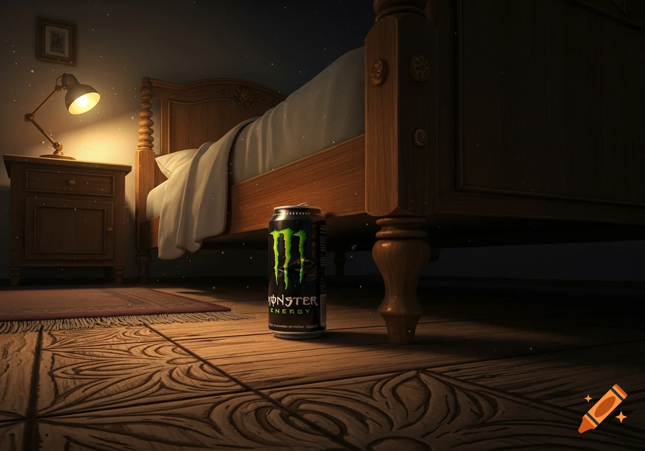 A Monster Energy drink can sits on an ornate wooden floor in a dimly lit bedroom, next to a wooden bed and a nightstand with a lamp.