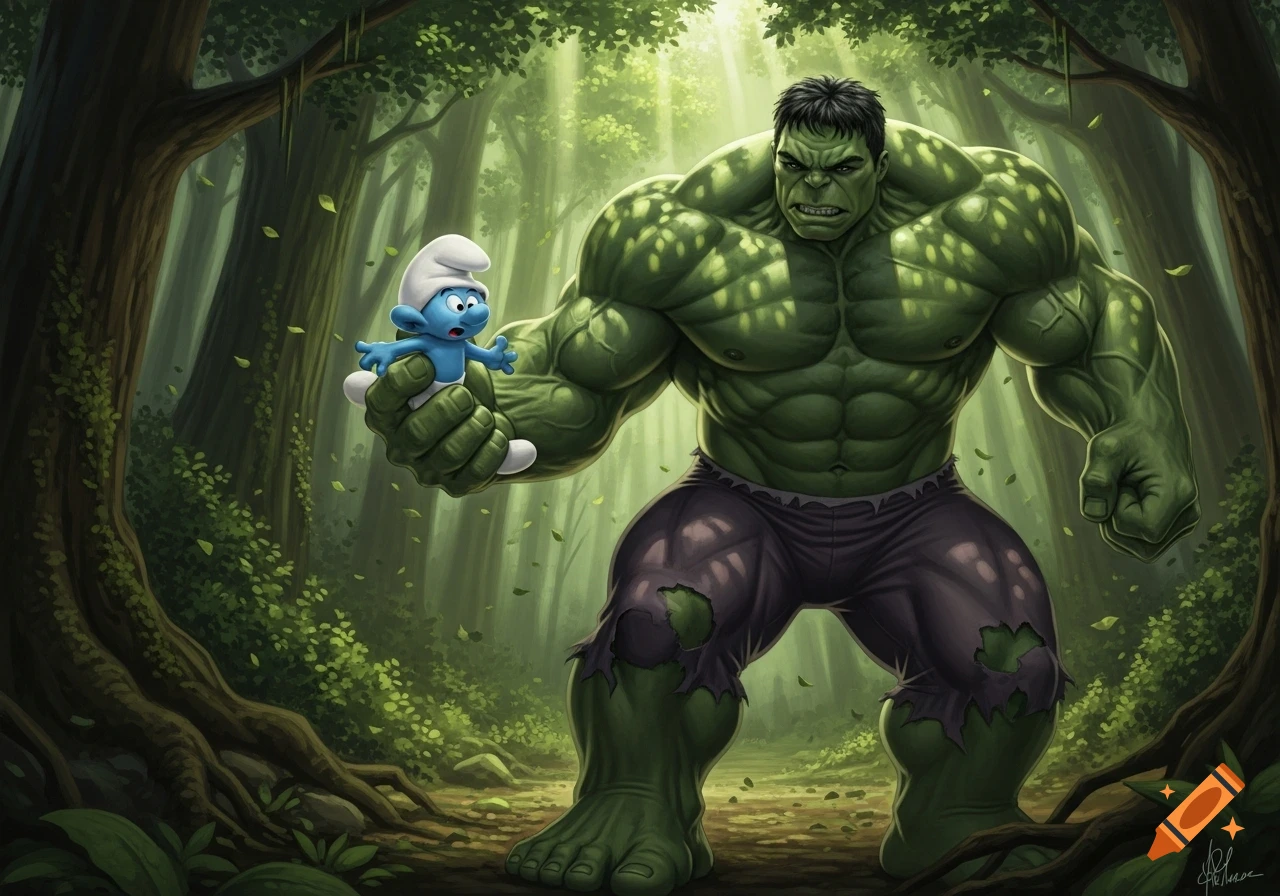 The Hulk, looking angry, holds a small, scared Smurf in his large hand in a lush forest with light rays.