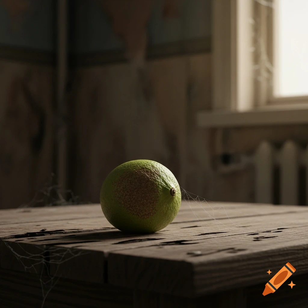 A single green lime with a rough brown patch rests on a dusty wooden table covered in cobwebs, in a dimly lit, abandoned room.