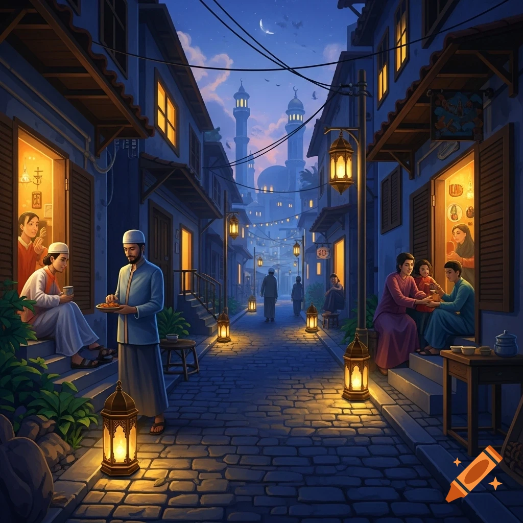 Stylized night street scene with people in traditional attire, glowing lanterns, and a distant mosque under a crescent moon, possibly Ramadan.