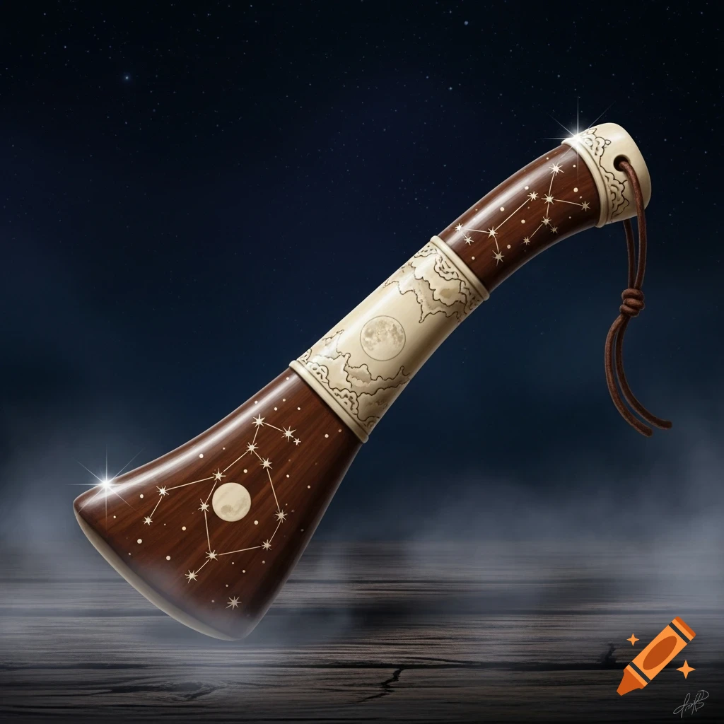 A dark wooden Polynesian club with ivory moon and constellation designs, on a smoky wooden surface under a starry night sky.