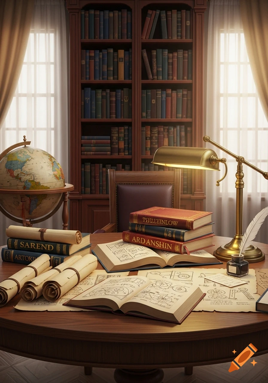 A richly detailed vintage study room with a wooden desk covered in books, scrolls, an antique globe, and a brass lamp, set against a large bookshelf.