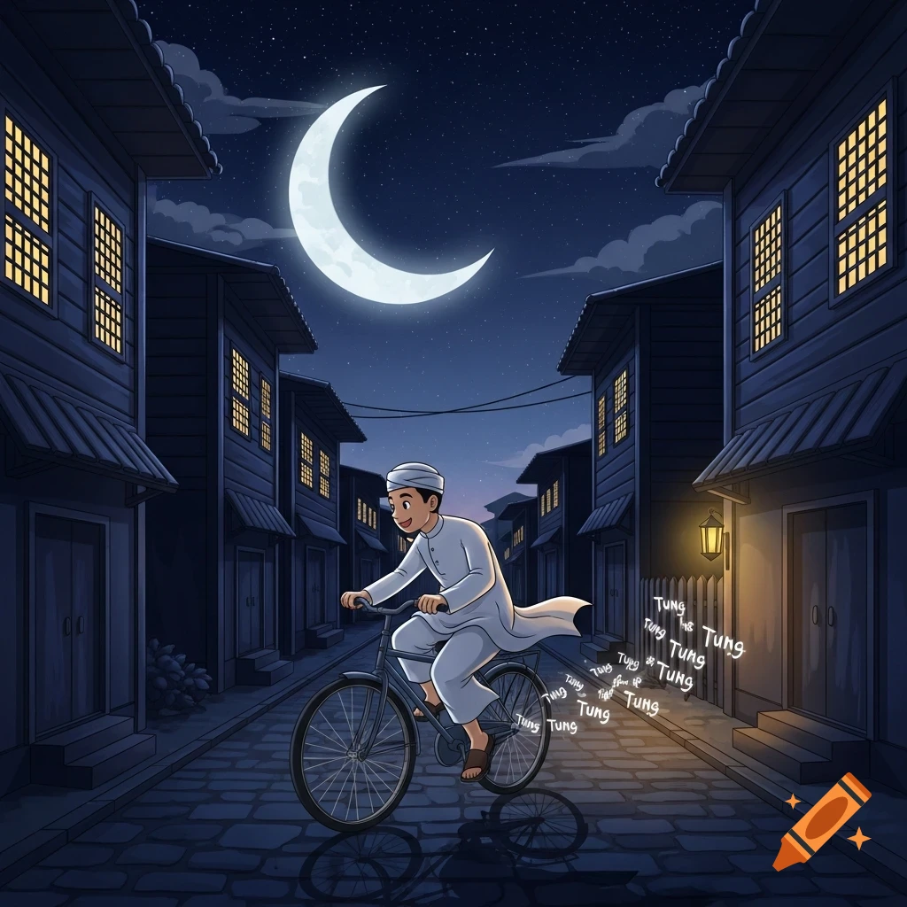 Cartoon illustration of a young man in traditional white clothing riding a bicycle down a dark street lined with houses under a bright crescent moon at night, with 'Tung Tung Tung' sound effects.