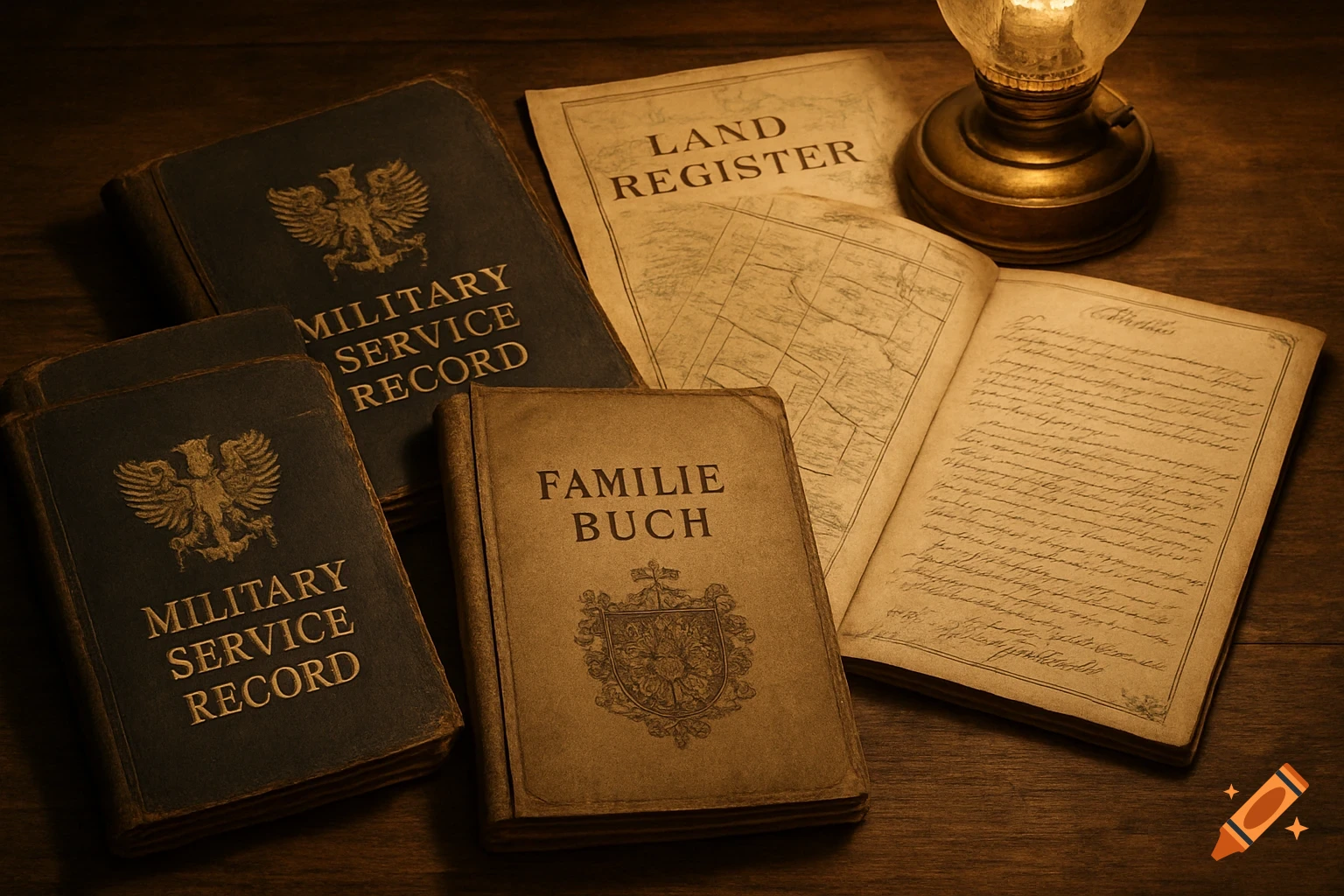 A collection of antique military service records, a family book, and a land register document on a wooden table, illuminated by an old oil lamp.