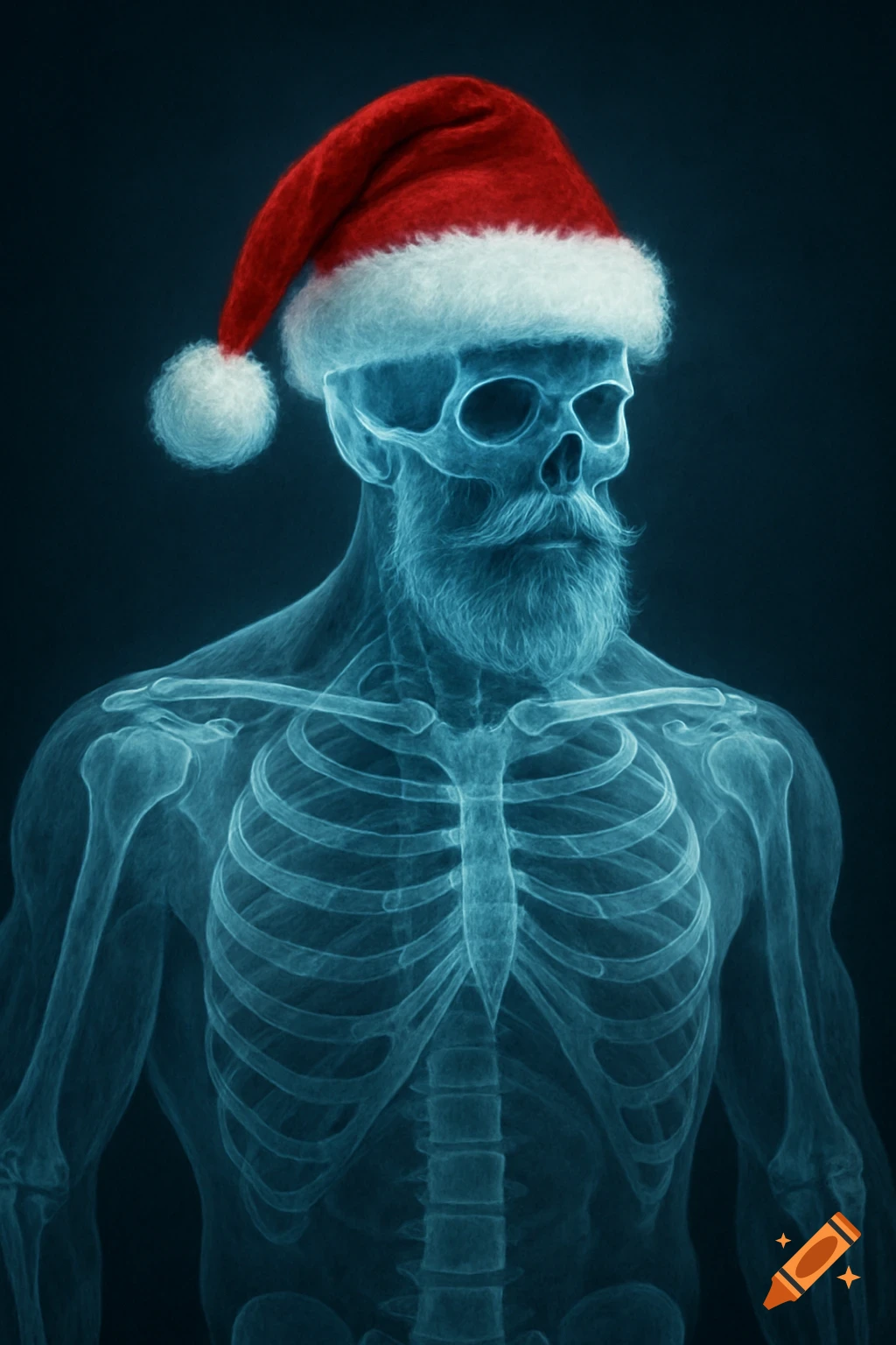 An X-ray image of a male skeleton with a beard, wearing a red Santa hat against a dark background.