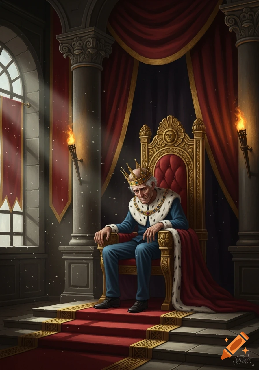 An old, weary king with a crown sits slumped on a golden throne in a grand, somber castle hall, light streaming from a window.