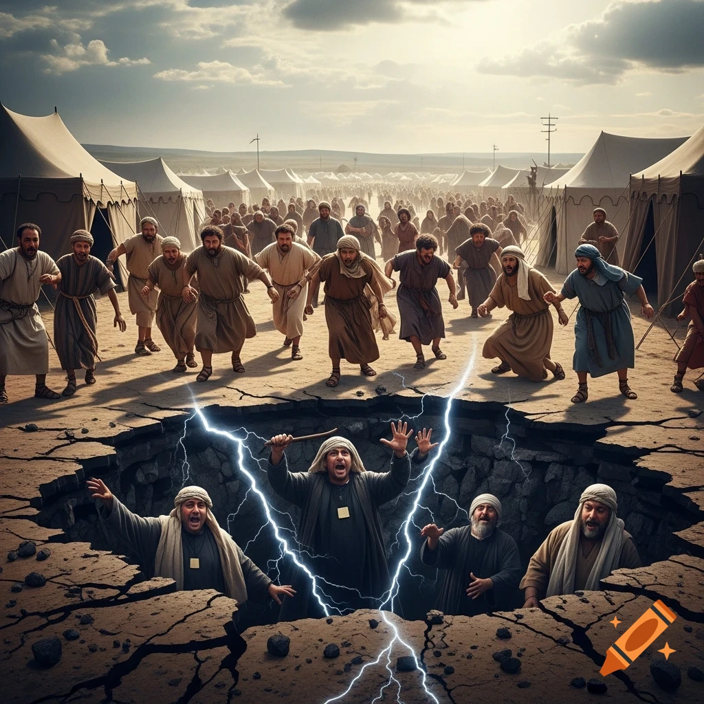 Men panic as the earth splits open with lightning, consuming figures, in a vast ancient camp under a cloudy sky.