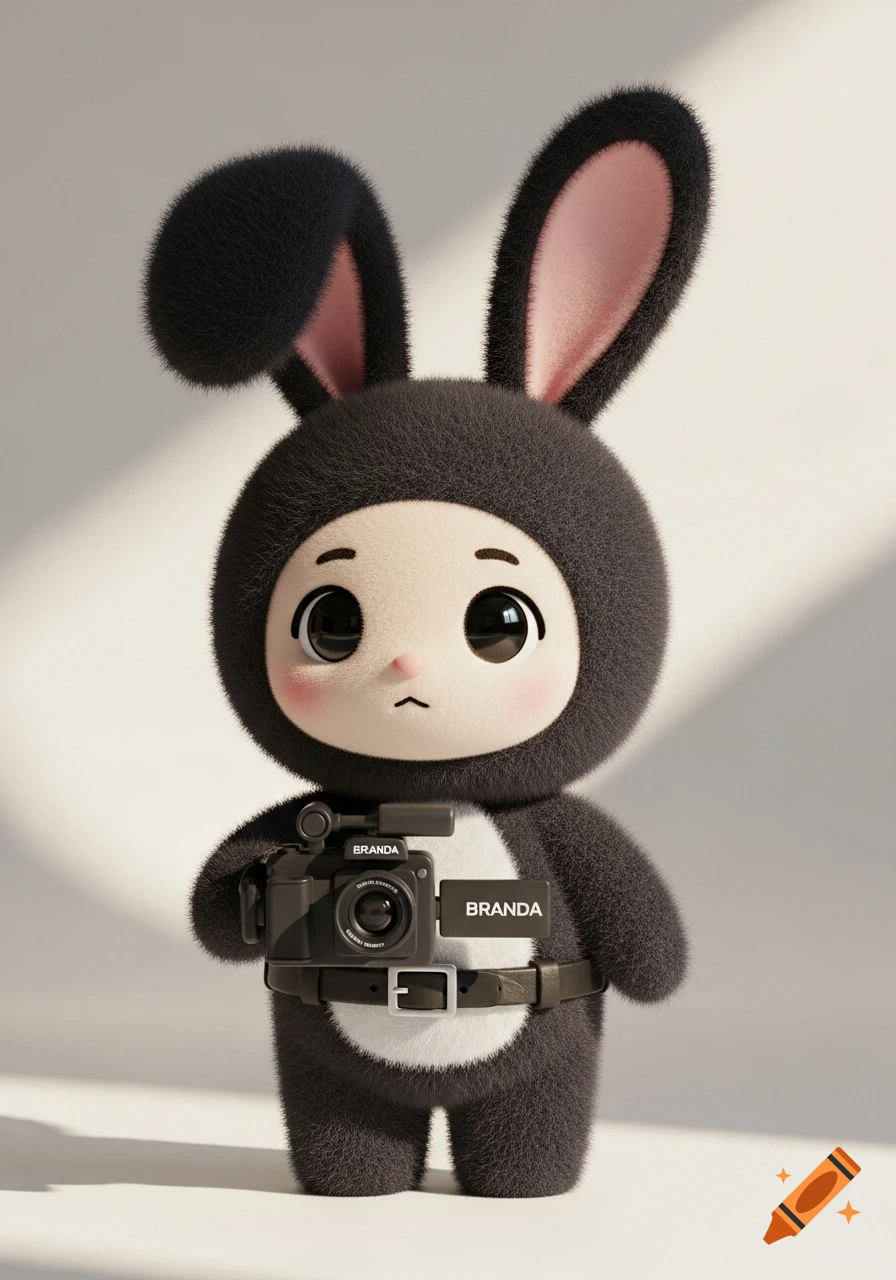 A fluffy black bunny character with pink ears, rosy cheeks, and big eyes, wearing a black costume, holds a small video camera in a 3D render.