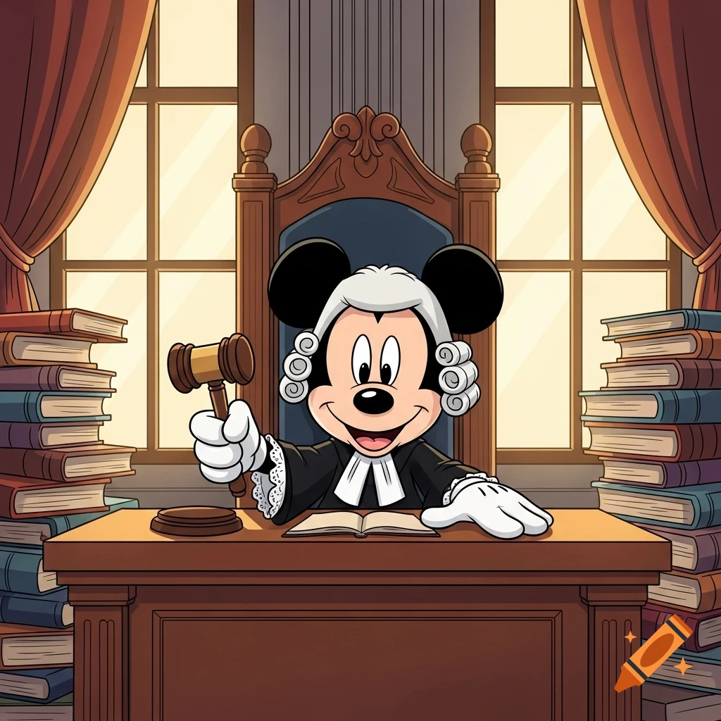 Mickey Mouse, dressed in a judge's wig and robe, sits at a wooden desk holding a gavel, with stacks of books beside him in a cartoon style.