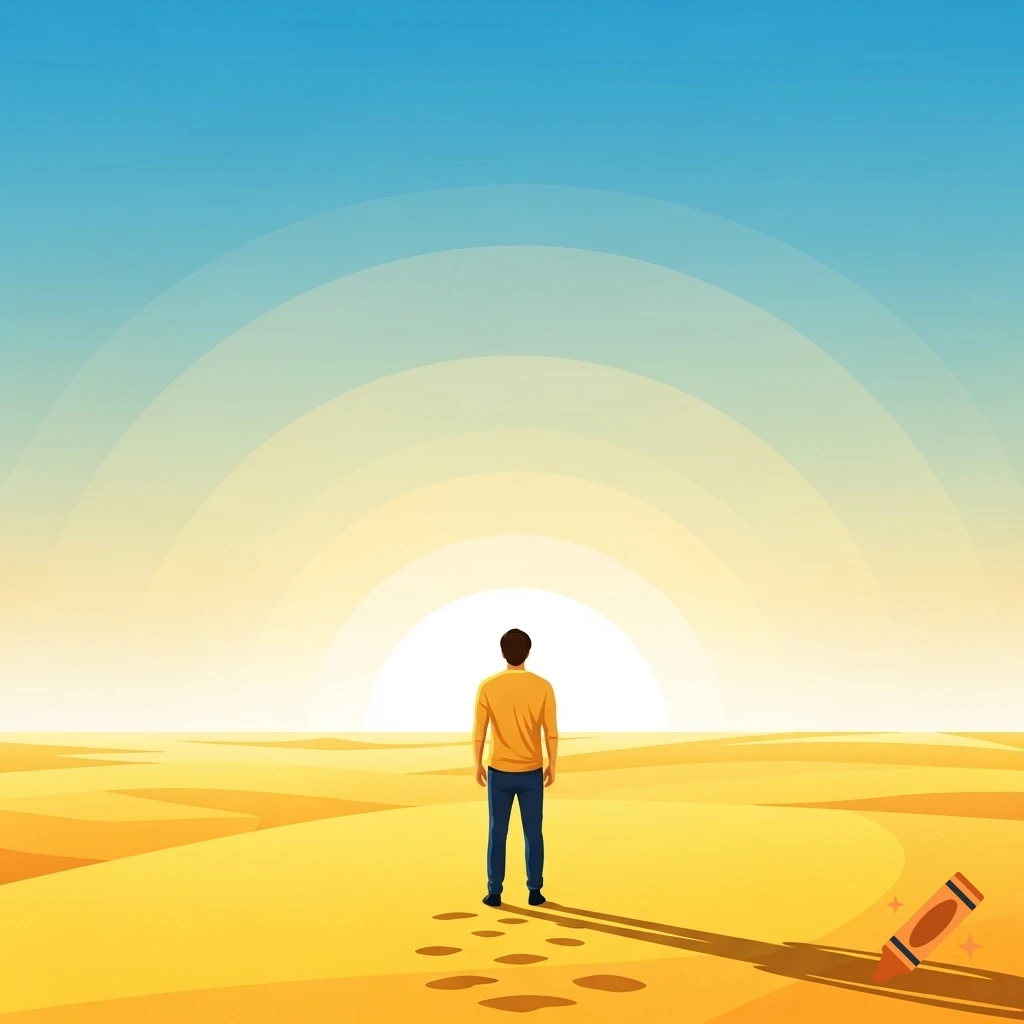 A man stands with his back to the viewer in a vast yellow desert, looking towards a bright sun at the horizon under a gradient blue sky, in a minimalist graphic style.