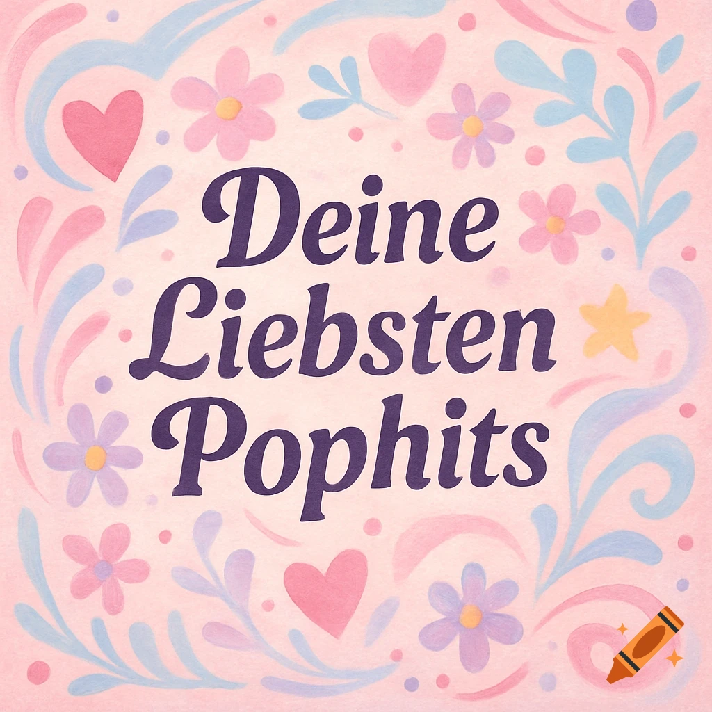 Pastel pink watercolor album cover with floral and heart border, text reads 'Deine Liebsten Pophits'.