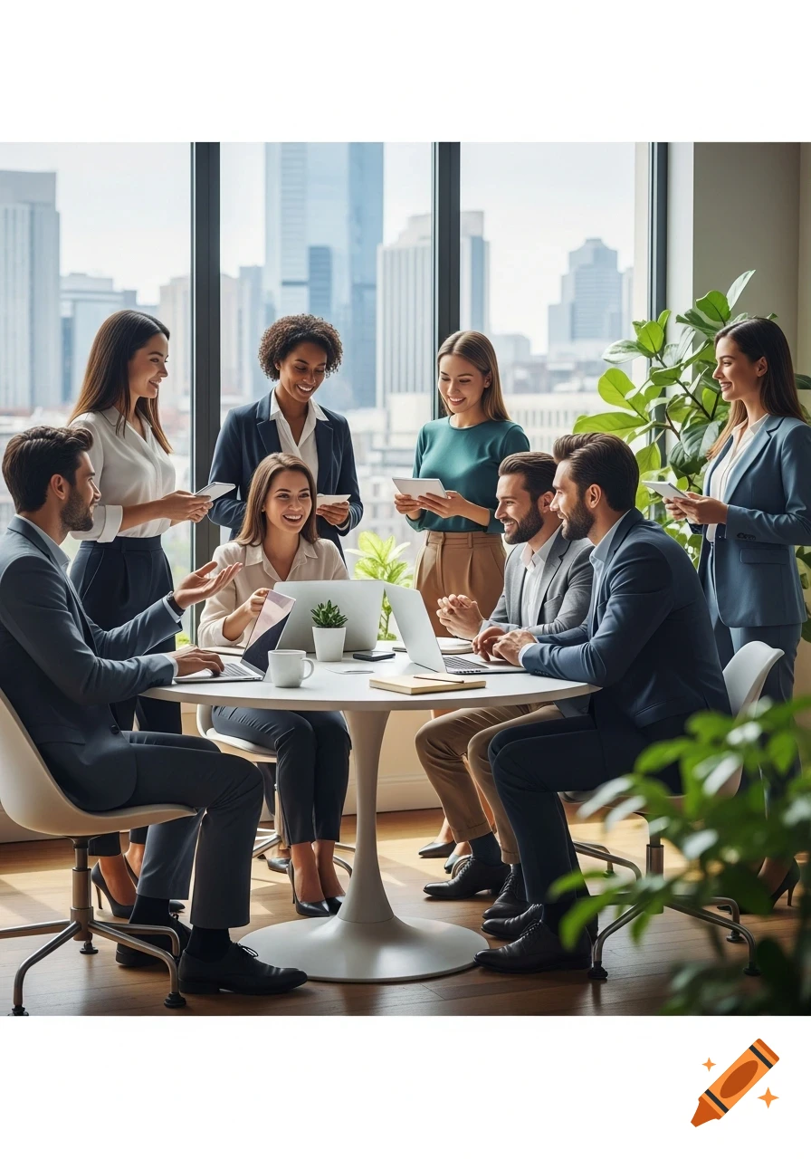 Business professionals collaborating around a table in a modern office with city views, conveying teamwork.