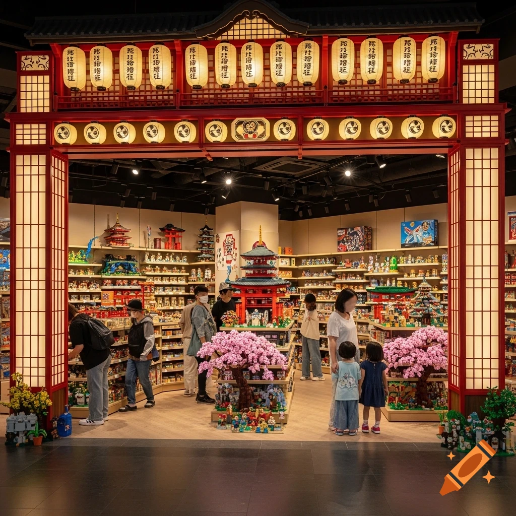 A vibrant Japanese-themed Lego store bustling with customers browsing shelves filled with various Lego sets and models.