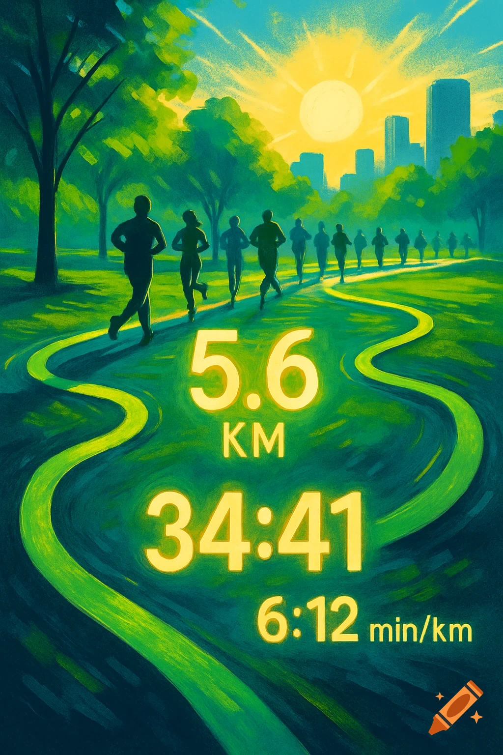 Stylized illustration of runners in a park at sunrise, with glowing text for 5.6 KM run distance, 34:41 time, and 6:12 min/km pace.