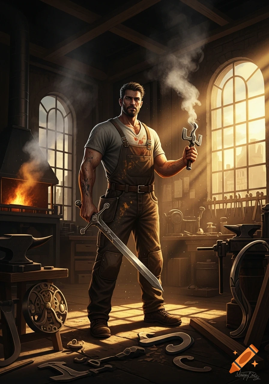 A muscular blacksmith in an apron stands in a sunlit forge, holding a newly forged sword and a hot metal piece, steam rising from it.