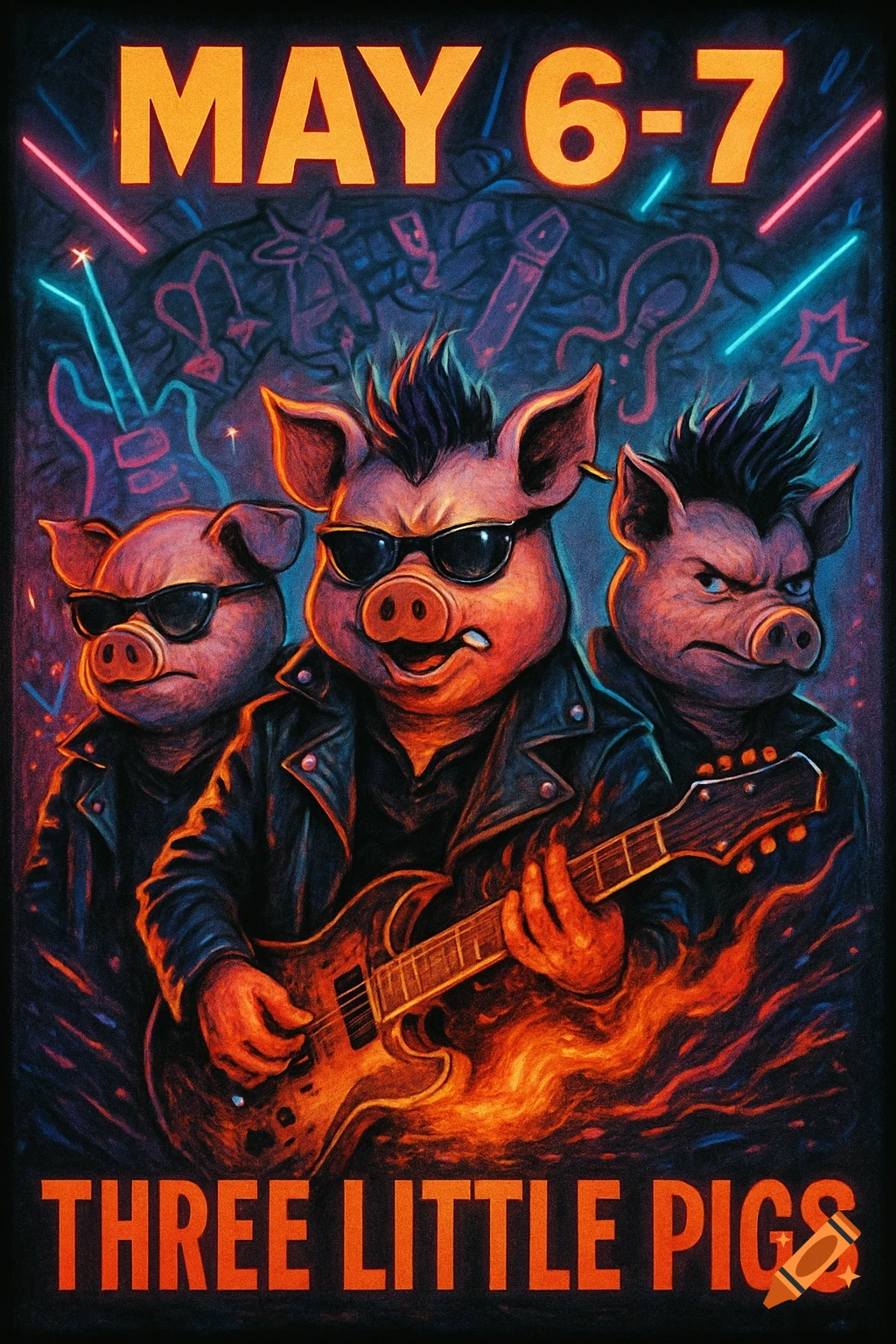 A vibrant rock concert poster featuring three anthropomorphic pigs in leather jackets and sunglasses, one playing an electric guitar amidst fire, with neon accents and text 'MAY 6-7' and 'THREE LITTLE PIGS'.
