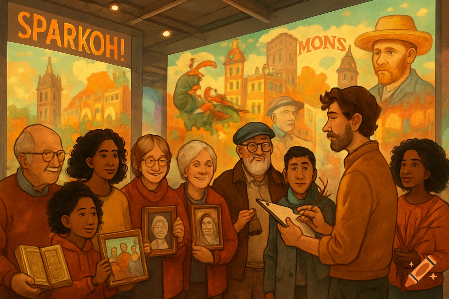 A diverse group of people, young and old, holding framed photos and objects, standing before colorful murals of buildings and a Van Gogh portrait. Illustration.