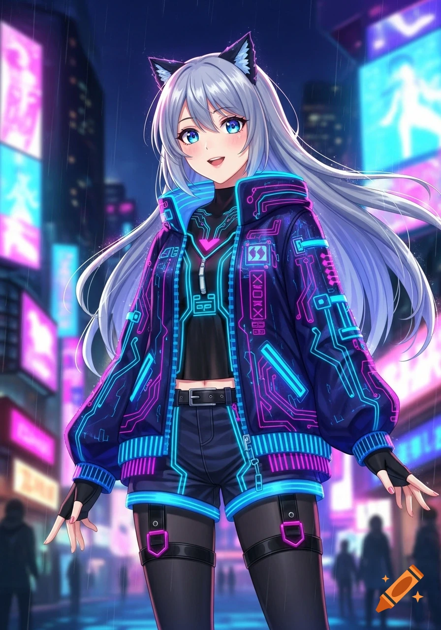An anime catgirl with silver hair and blue eyes wears a neon-lit circuit pattern jacket in a rainy cyberpunk city at night.