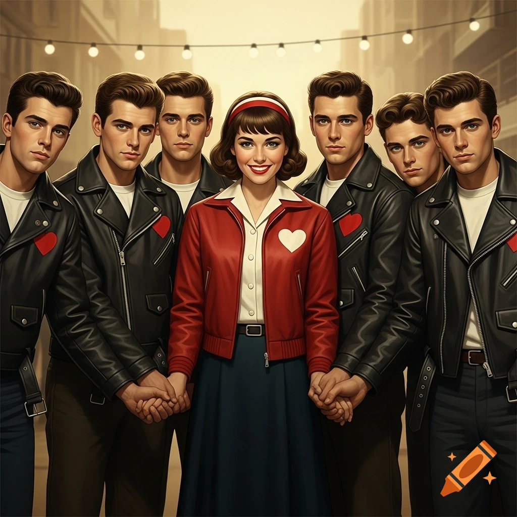 A woman in a red jacket with a white heart smiles, holding hands with five men in black leather jackets with red hearts, all in 1950s fashion under string lights.