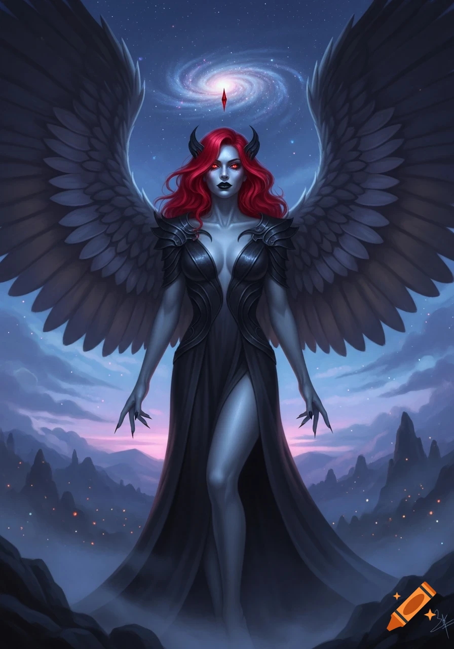 A striking dark angel with silver skin, red hair, glowing red eyes, and large black wings stands under a cosmic galaxy sky.