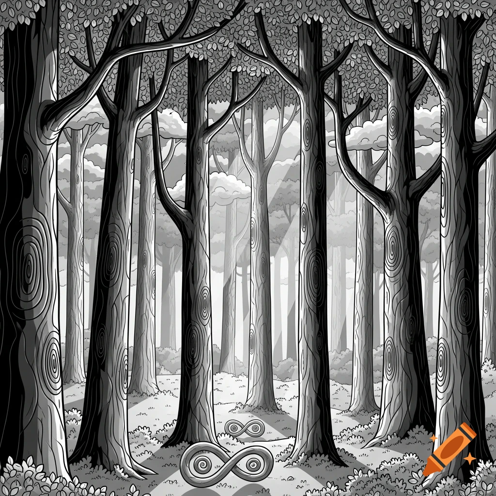 A black and white cartoon forest scene with tall, stylized trees and two infinity symbols on the ground.
