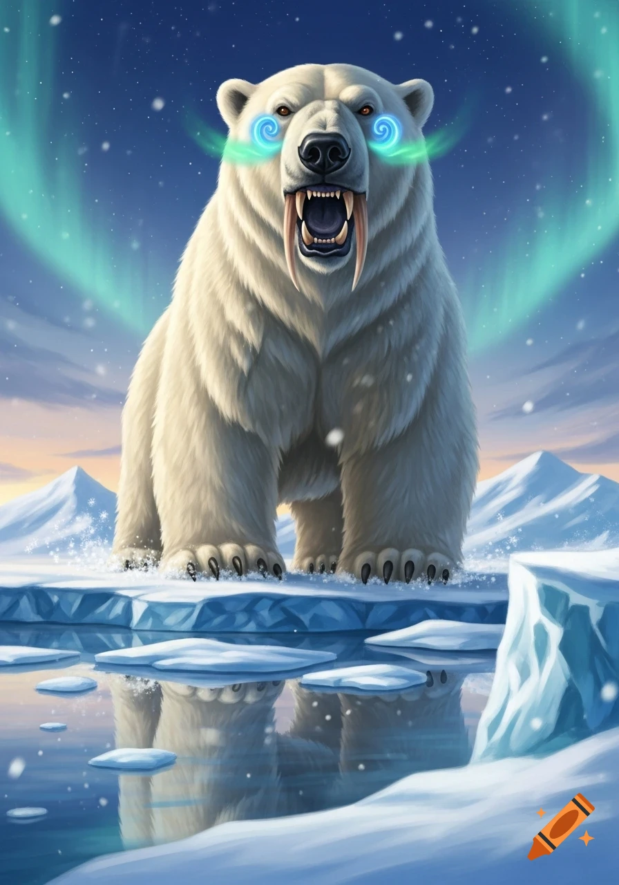 A monstrous polar bear with large fangs and glowing blue eyes stands on ice in a vibrant arctic landscape with aurora borealis.