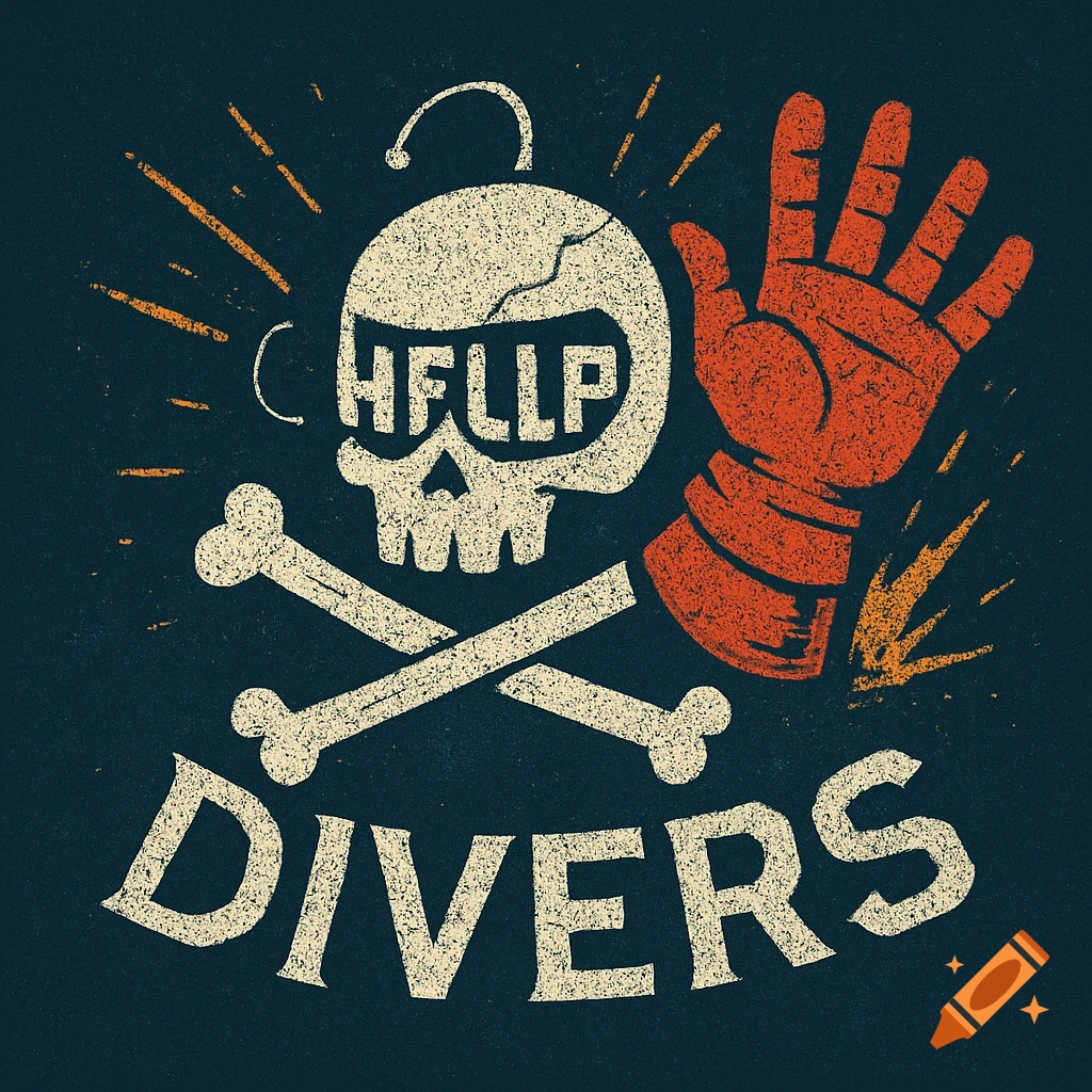 Gritty logo: cracked skull with 'HELLP' text, crossed bones, red gloved hand, and 'DIVERS' text on a dark background.