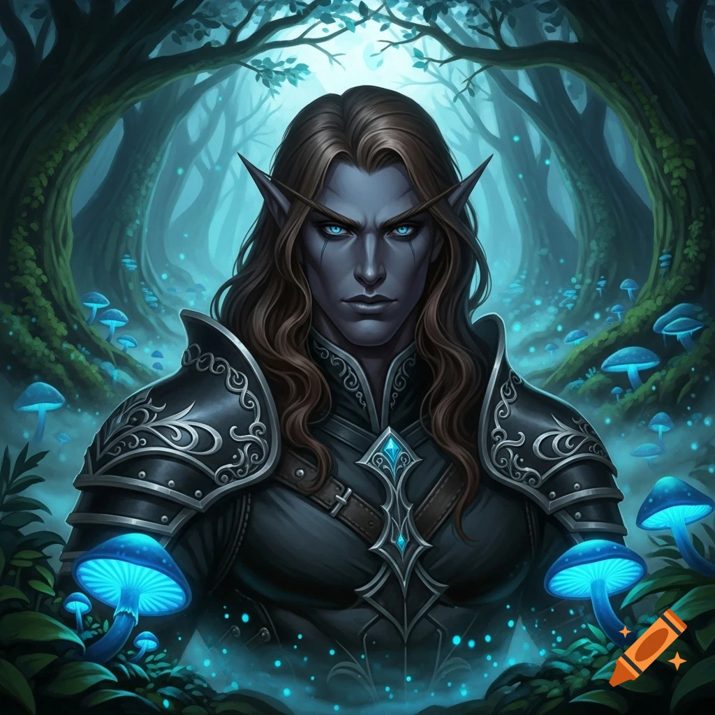 A male dark elf with auburn hair and glowing blue eyes in ornate black armor stands in a mystical forest with glowing blue mushrooms.