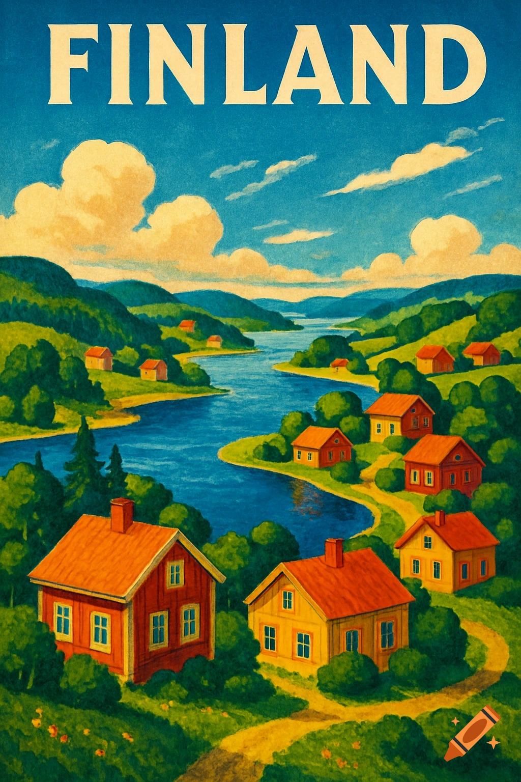 Vintage travel poster depicting a scenic Finnish landscape with a winding river, green hills, small red and yellow houses, and 'FINLAND' at the top.