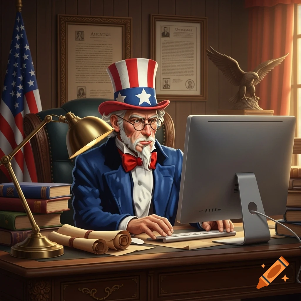 Uncle Sam in his office, wearing an iconic hat, typing on a computer, with an American flag and an eagle statue in the background.