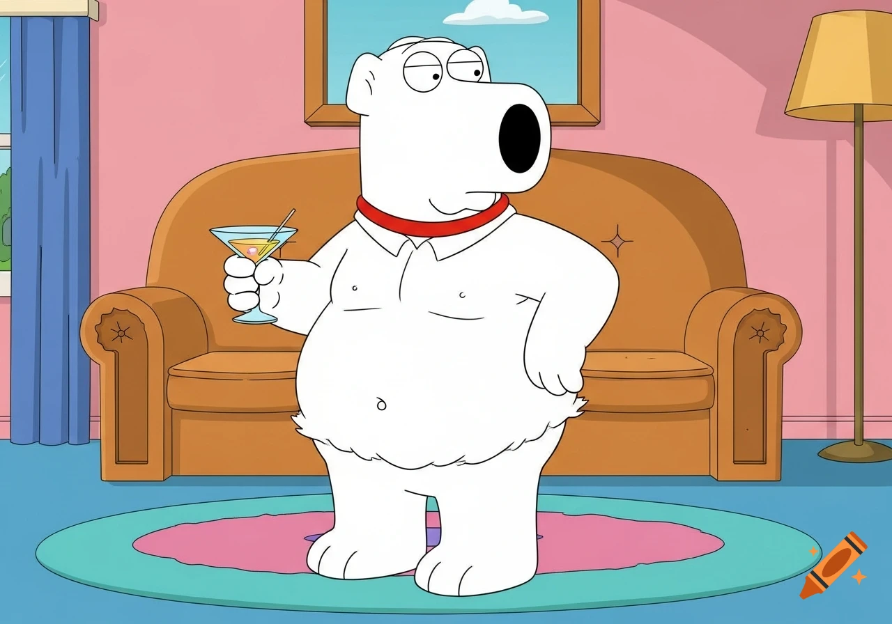 Fat Brian Griffin from Family Guy, wearing an unbuttoned white shirt and red collar, holding a martini glass in a living room.