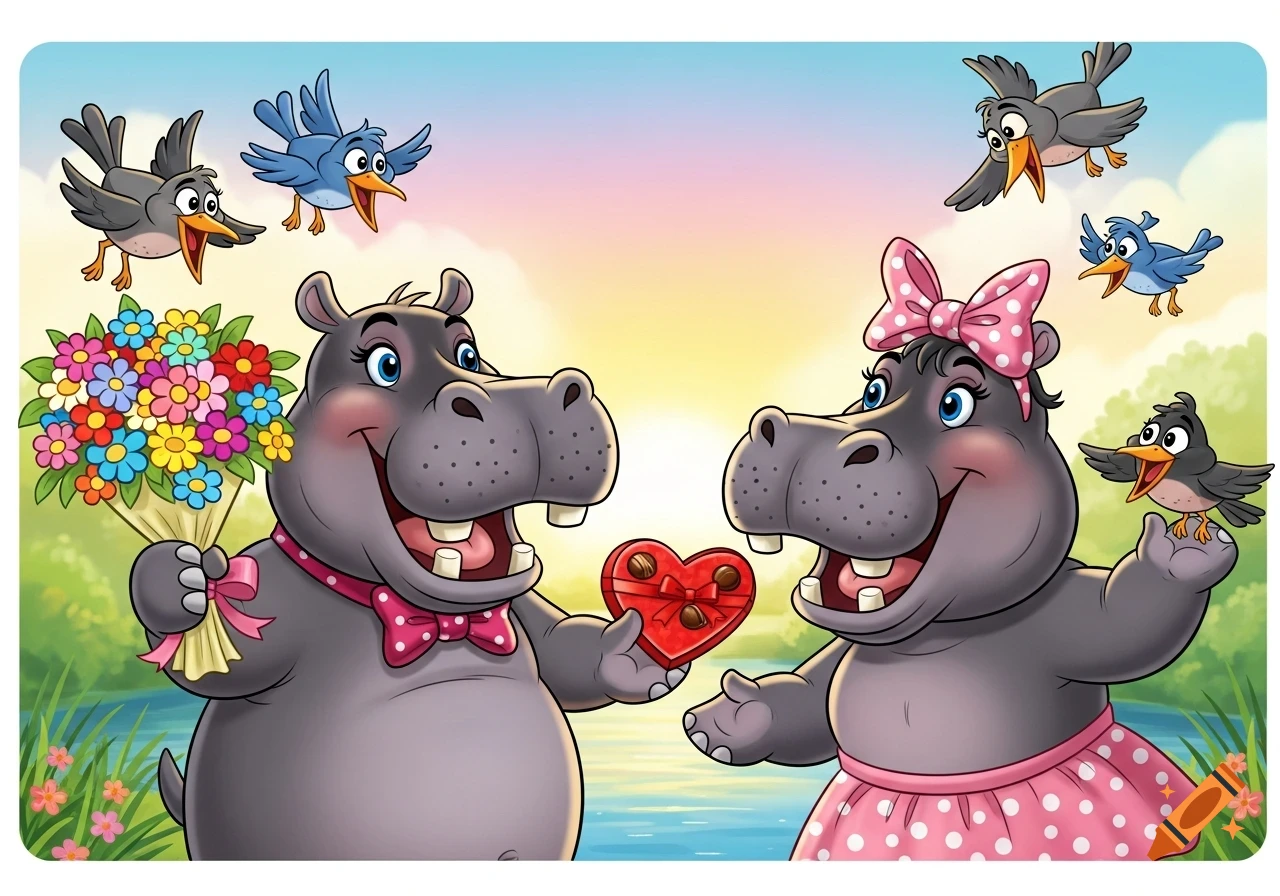 A happy cartoon hippo gives a bouquet of flowers to his wife, who holds a heart-shaped box of chocolates, with birds flying.