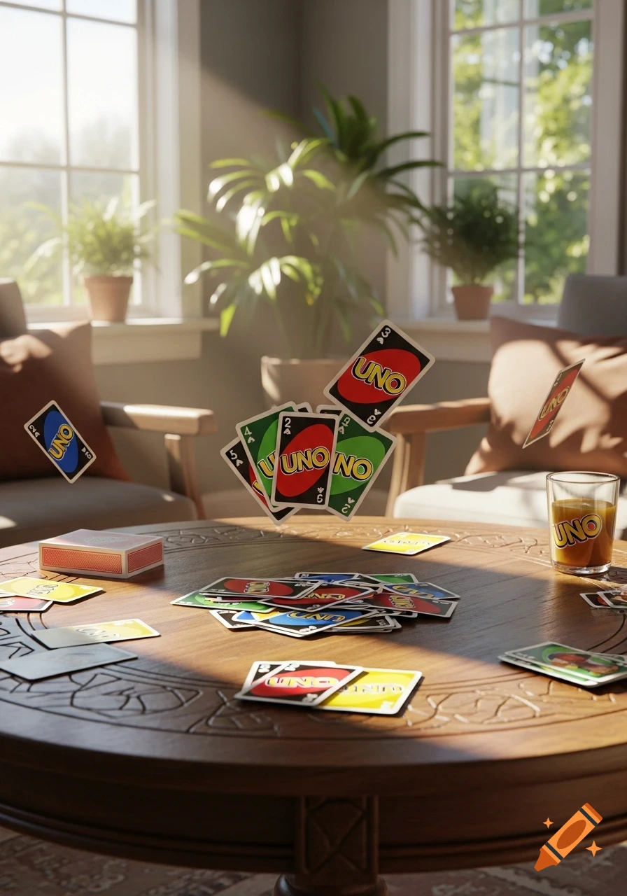 A dynamic close-up of Uno cards scattered and floating above a wooden table in a sunlit indoor setting, with a glass marked 'UNO' nearby.