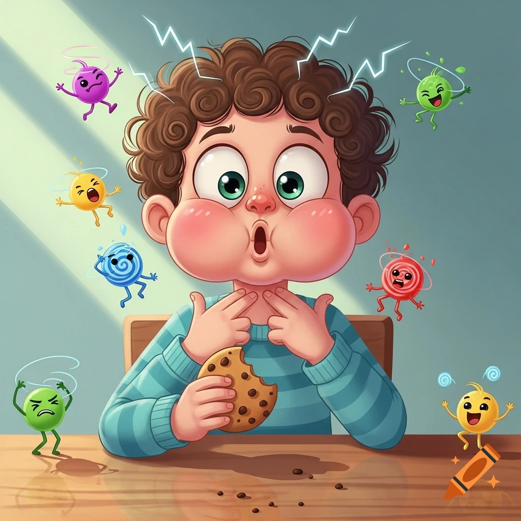 A cartoon boy with wide eyes, curly hair, and puffed red cheeks reacts to eating a cookie, surrounded by floating, colorful emotional characters.