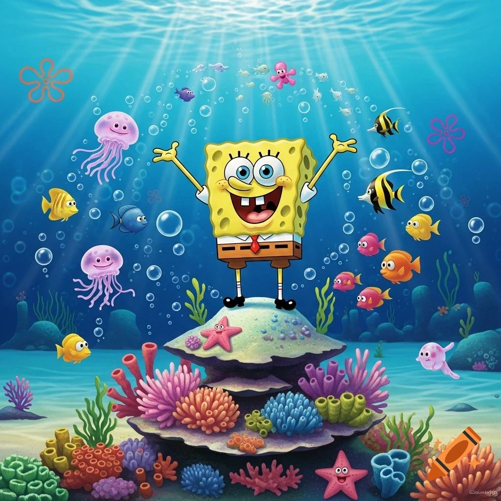 Spongebob Squarepants stands on coral, surrounded by colorful fish and jellyfish in a vibrant underwater scene, in a cartoon style.