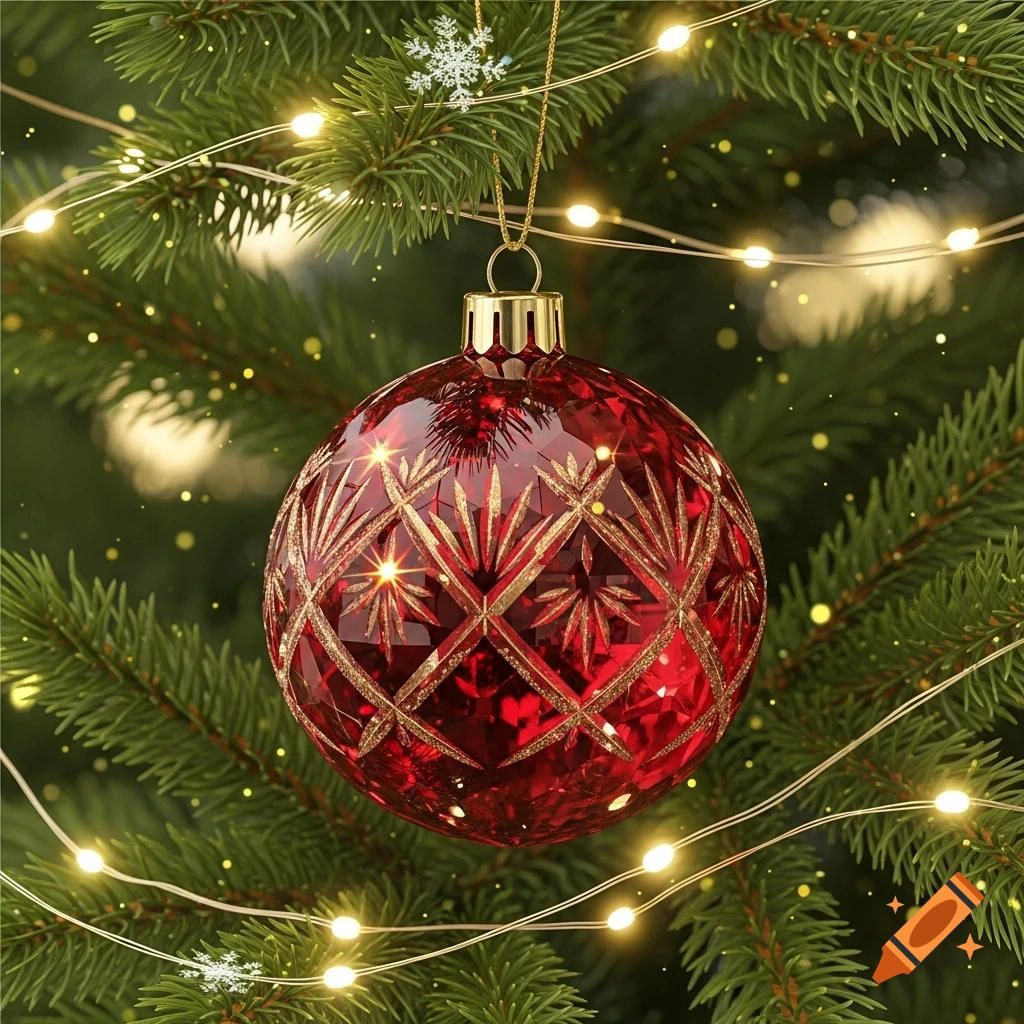 A sparkling red crystal Christmas ornament with gold patterns hangs on a green fir tree branch, surrounded by glowing string lights and bokeh.