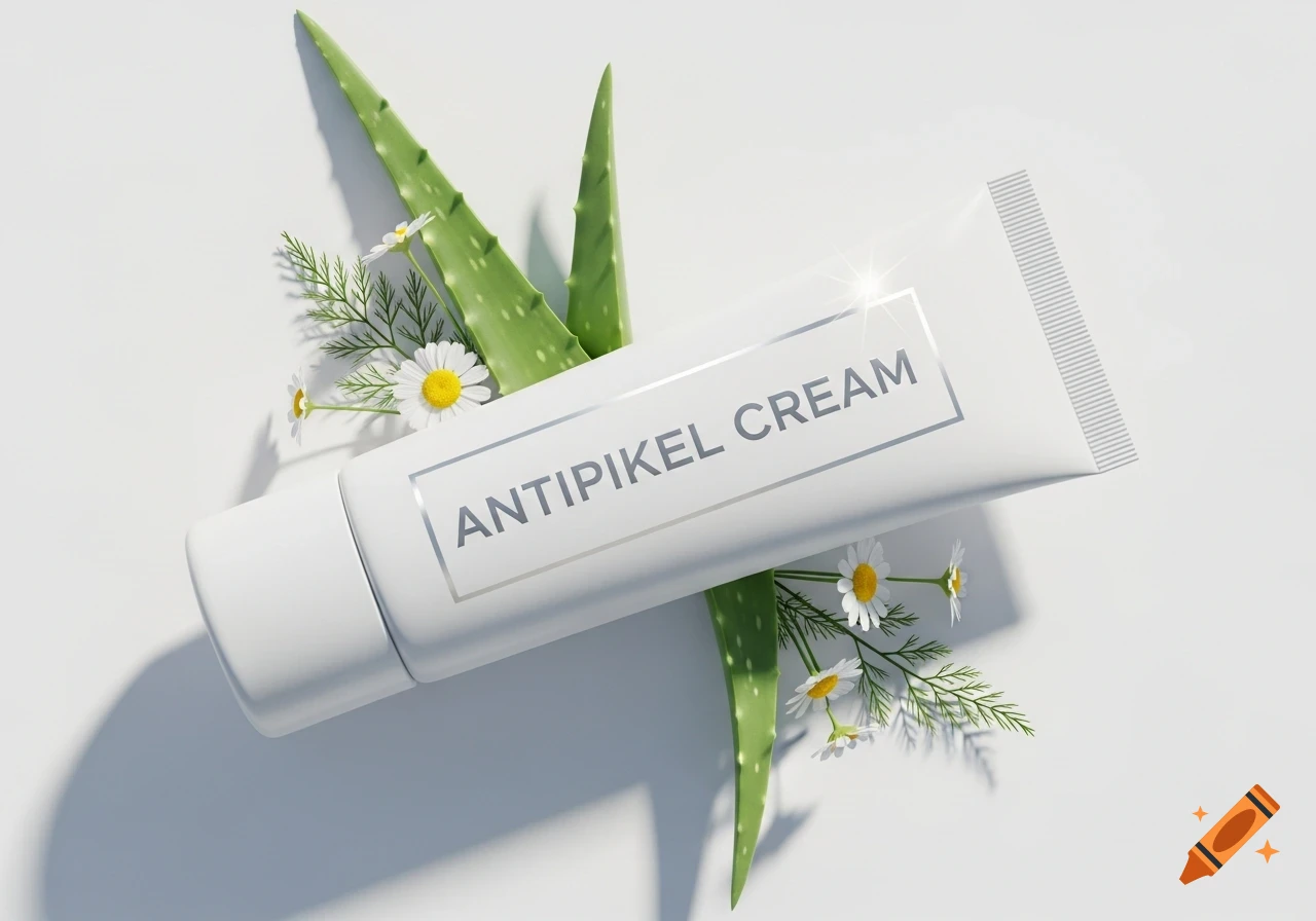 White cream tube labeled ANTIPIKEL CREAM, surrounded by aloe vera and chamomile flowers on a white background.