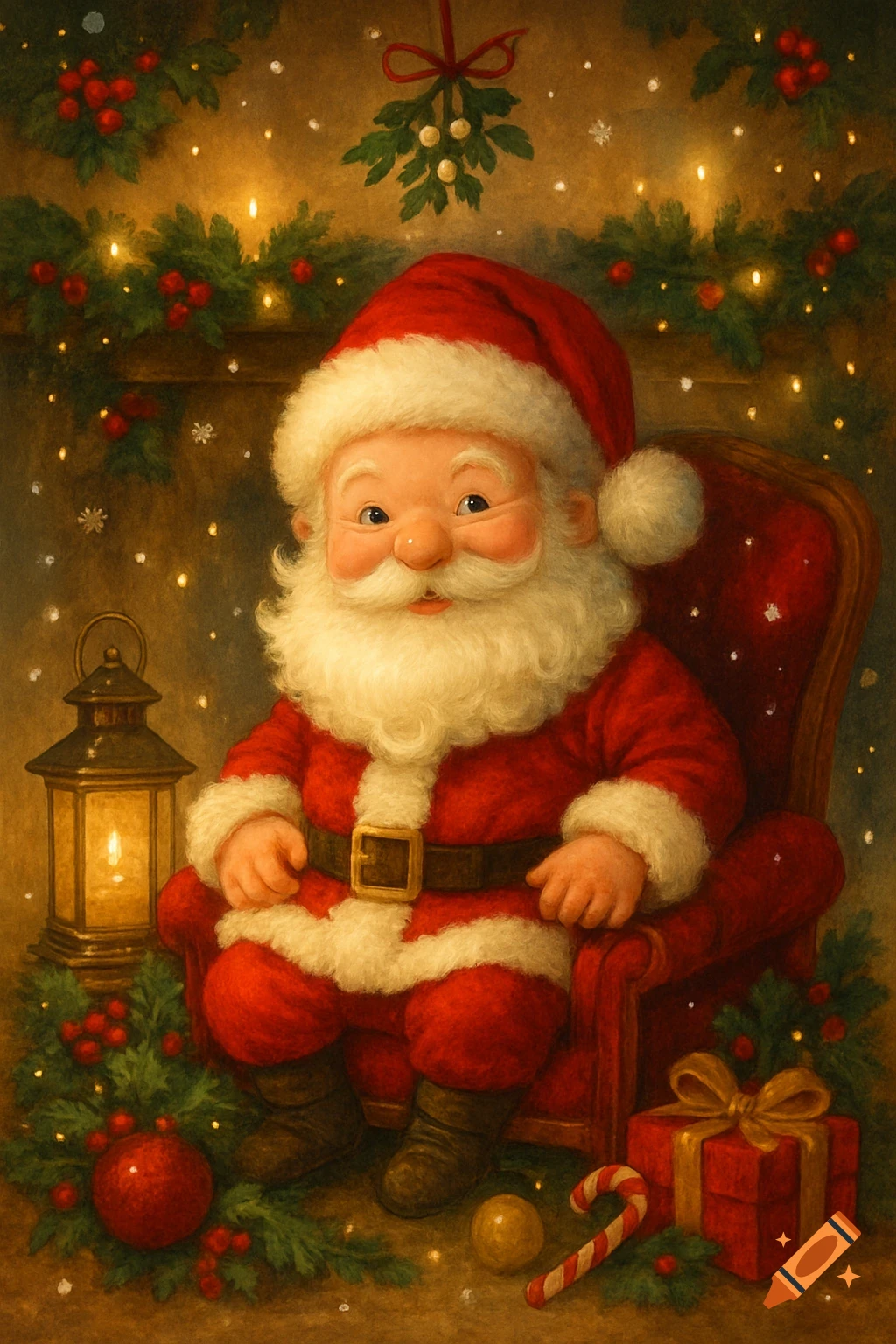 A cute, chubby Santa Claus with a white beard sits in a red armchair amidst festive Christmas decorations, including garlands, a lantern, and a gift, in an illustration.