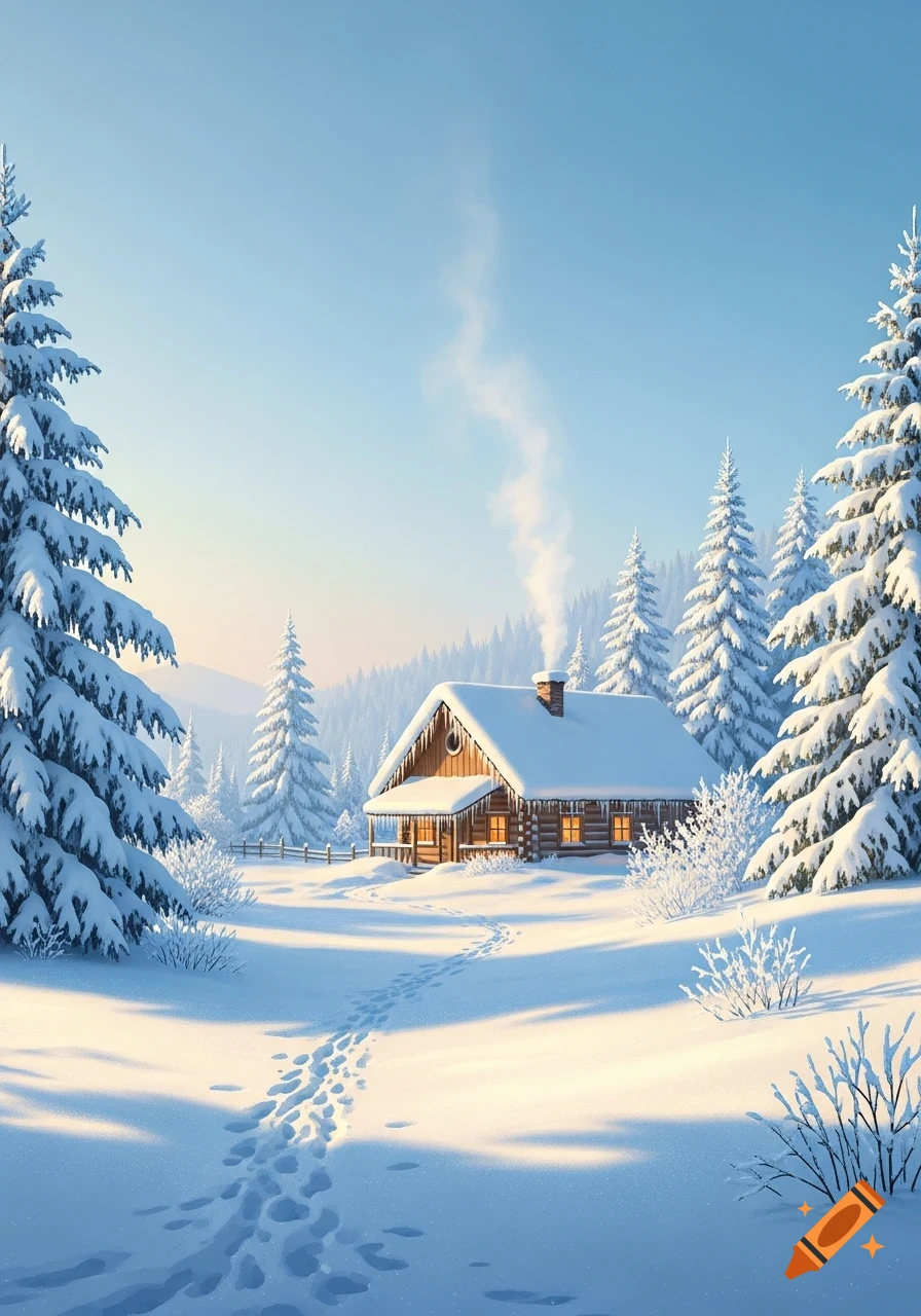 A cozy log cabin in a snowy winter wonderland with pine trees, smoke rising from the chimney, and footprints in the snow.