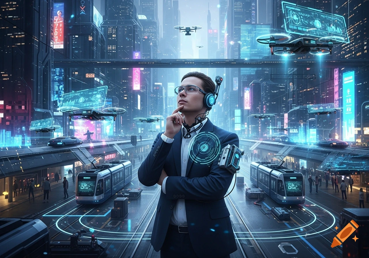 A man with futuristic headphones and tech stands in a neon-lit cyberpunk city with flying drones and trains.
