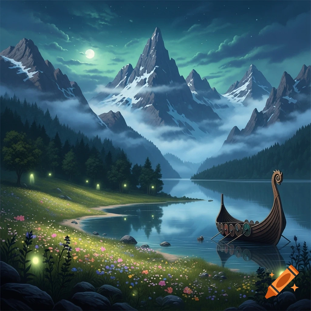 Stylized fantasy landscape: a Viking longboat on a calm lake, misty mountains, and a glowing, wildflower-filled shore under a full moon.
