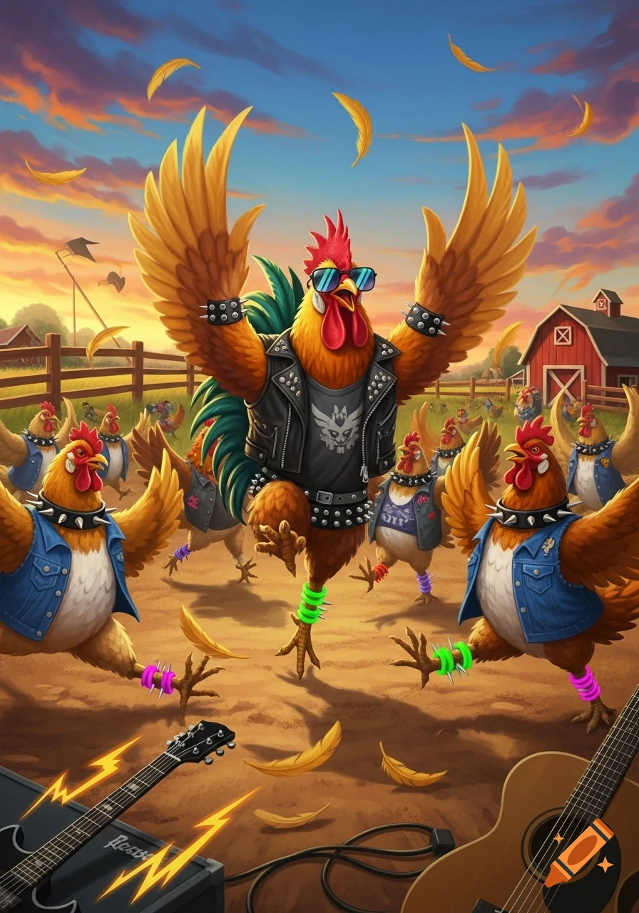 A vibrant cartoon illustration of a rooster and chickens dressed in ...